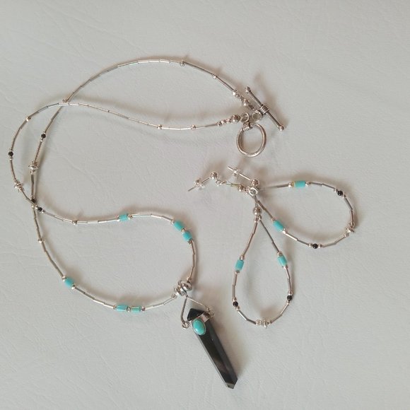 Liquid Sterling Silver Black Obsidian ~ Turquoise Ensemble - Picture 8 of 13